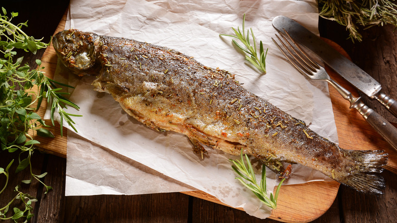 Whole trout on wooden board 