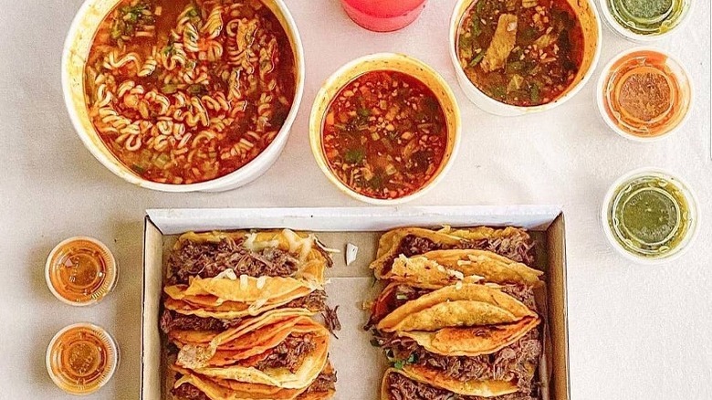 Birria tacos, ramen with consomé