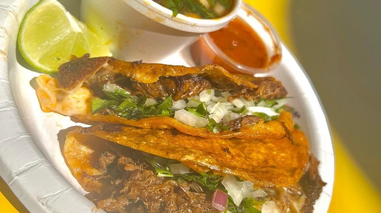 Birria tacos with consomé, salsa