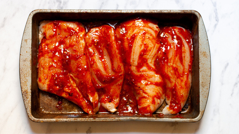 Marinated chicken breasts.