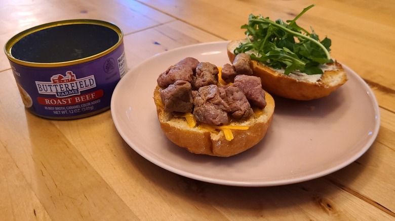 can of Butterfield Farms Roast Beef in Beef Broth on a sandwich