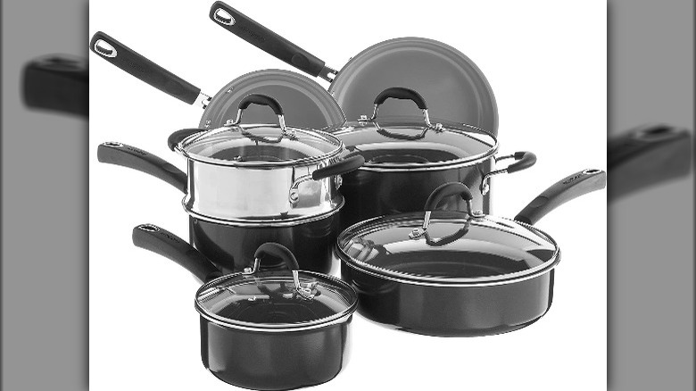 Cuisinart cookware set stacked on white background