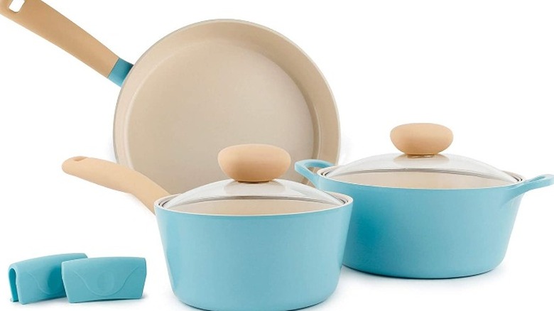 blue and beige pan set on white background