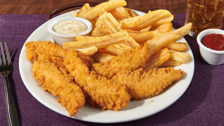 chicken tender and fries from Dennys