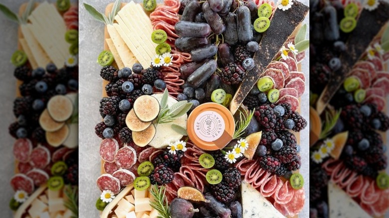 charcuterie board in blue and pink