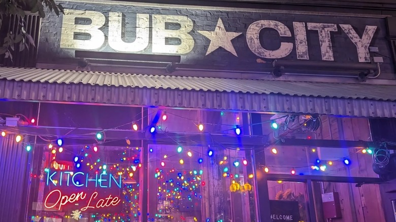 front signage of Bub City at night