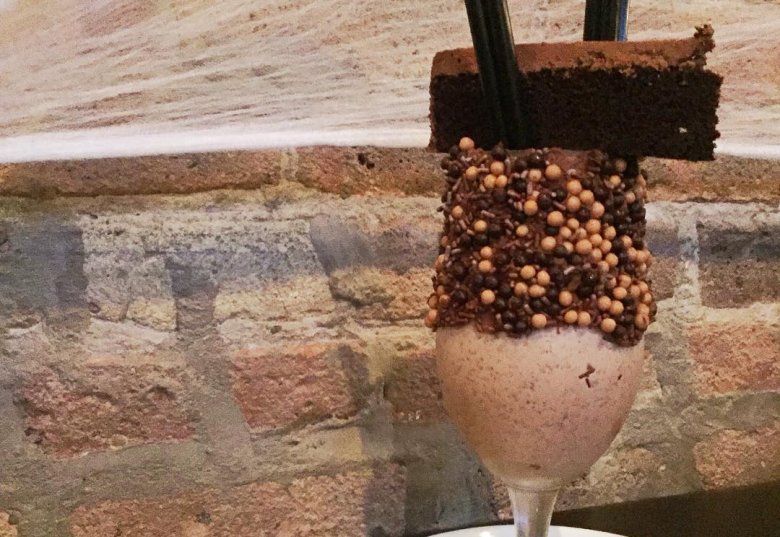 Chocolate cake topped boozy chocolate shake