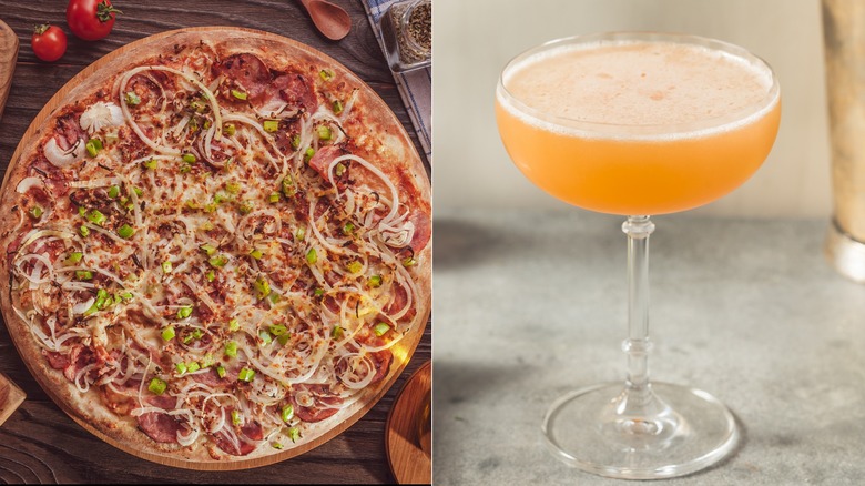 Calabrian pizza and lion's tail cocktail