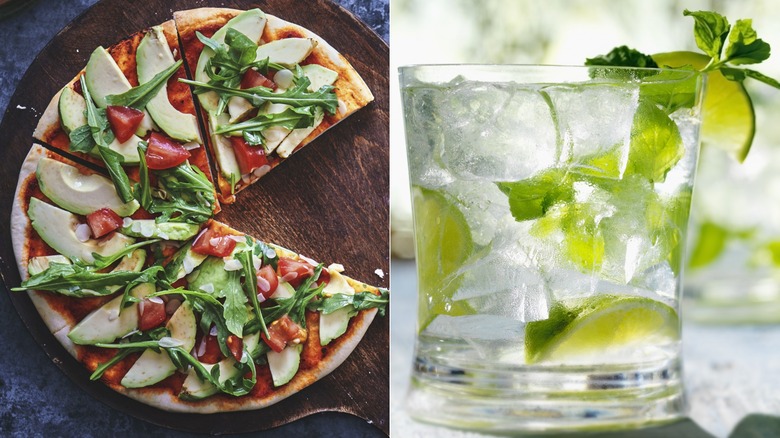 Avocado and spinach on pizza with mojito cocktail