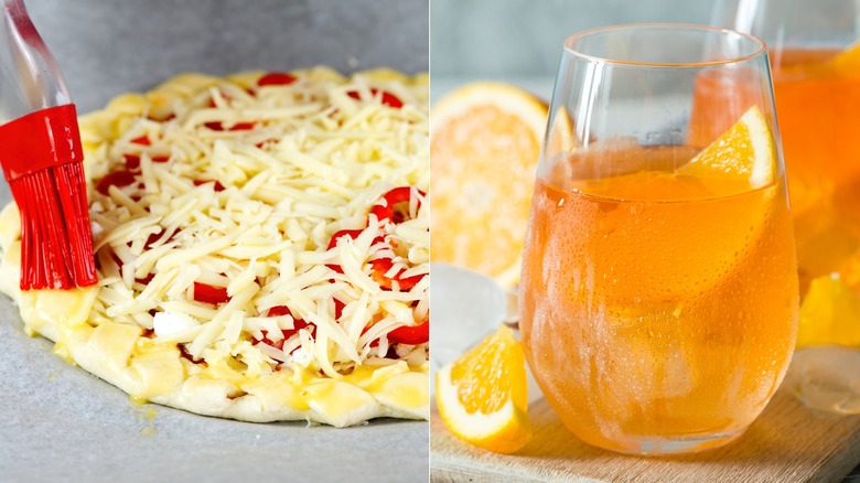 Pizza with braided crust and aperol mist cocktail