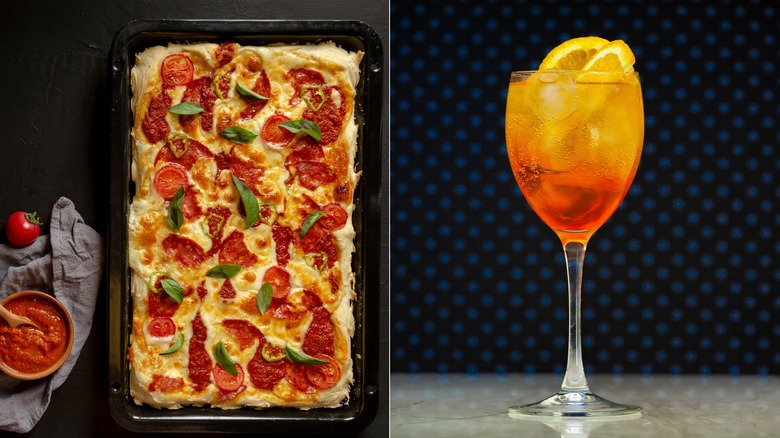 Detroit pizza with aperol spritz