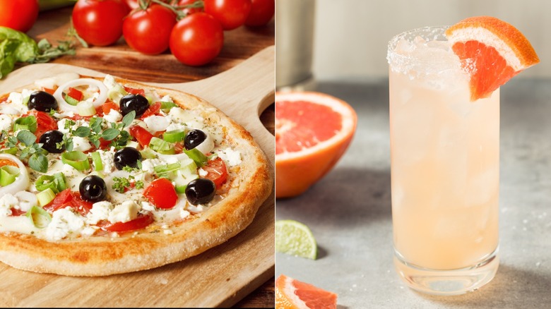 Greek pizza and paloma cocktail