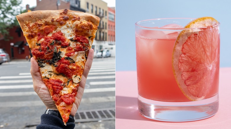 New York-style pizza slice and 212 cocktail