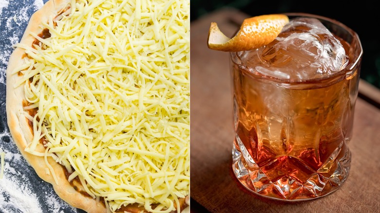 Cold cheese on pizza with      old fashioned cocktail