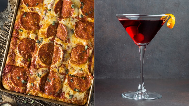 Sicilian pepperoni pizza and Manhattan cocktail