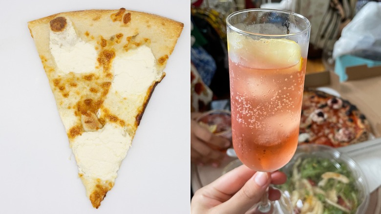 White pizza slice and hand holding averna spritz