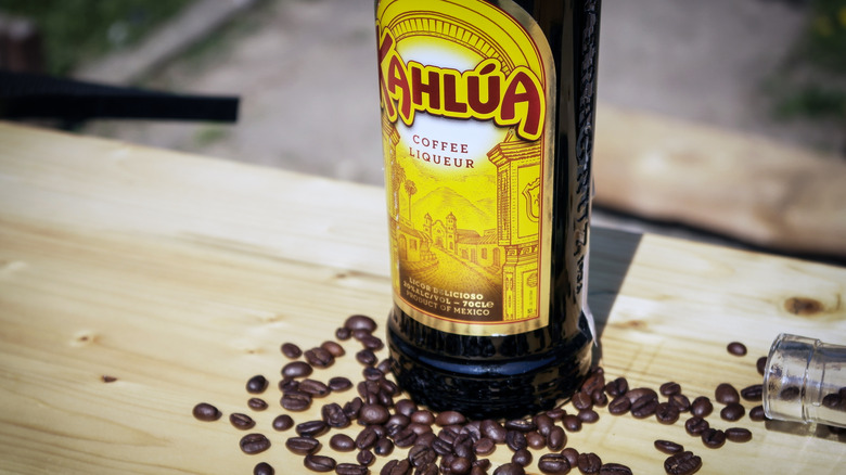 bottle of Kahlua and coffee beans