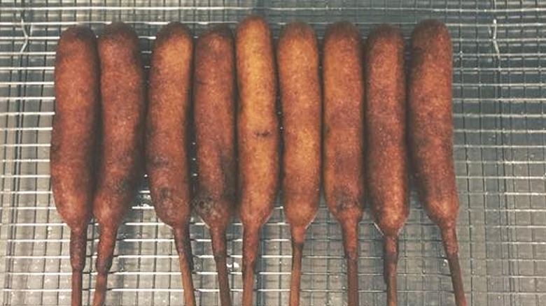 Row of corn dogs