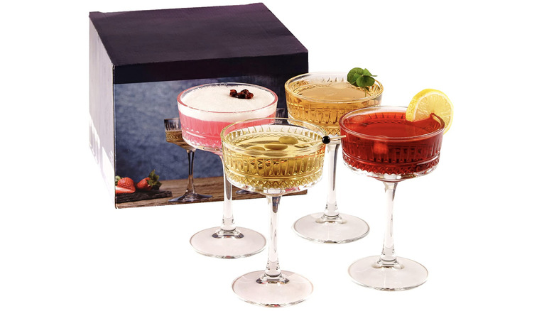 4 cocktails in coupe glasses