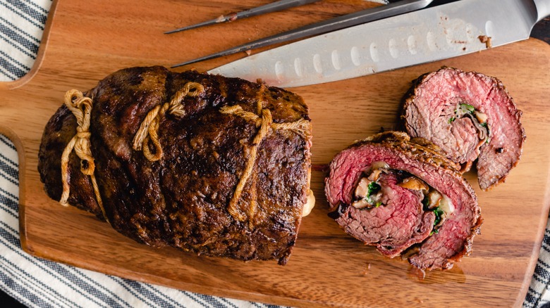 Stuffed steak wrapped with twine