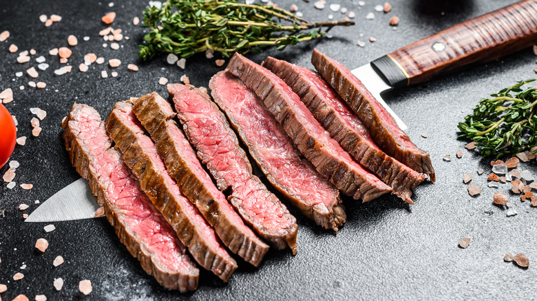 sliced rare flat iron steak