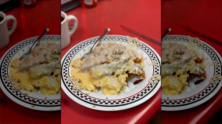 sausage with gravy and cheese sauce on white plate