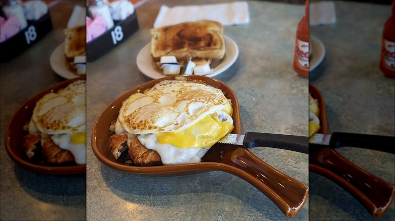 Egg dish on brown platter