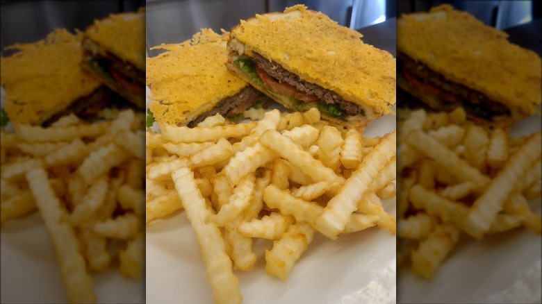 Grilled cheese burger and fries 