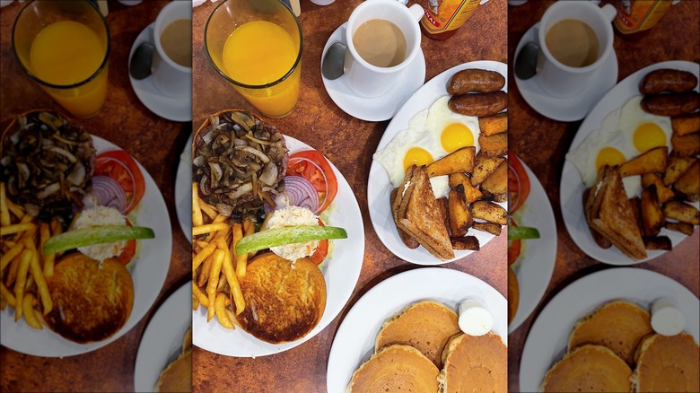 Multiple breakfast dishes on table