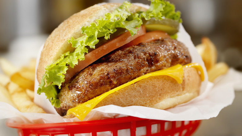 restaurant wrapped burger with fries