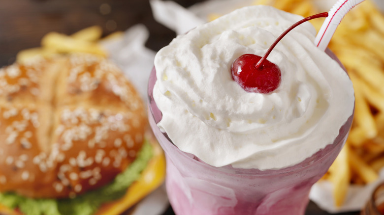 Burger with fries and milkshake