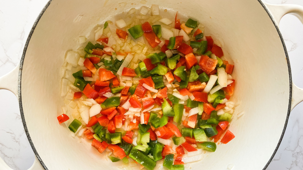 cooking onions and peppers for enchilada soup recipe