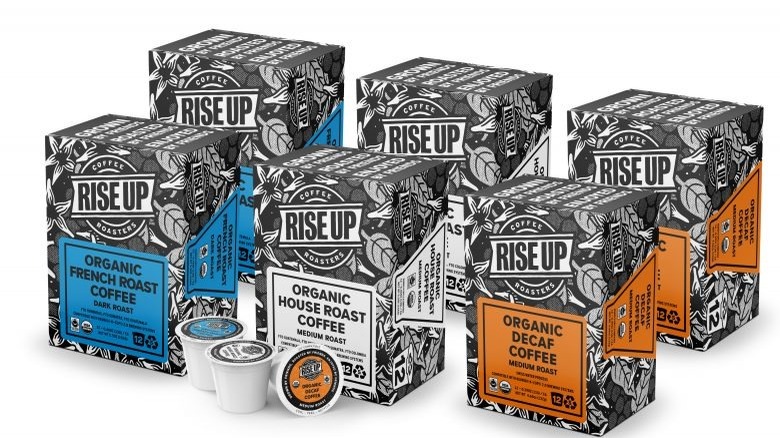 Boxes of single serve pods of Rise Up Coffee