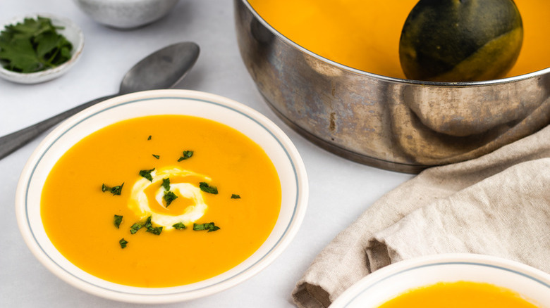 squash soup in white bowl