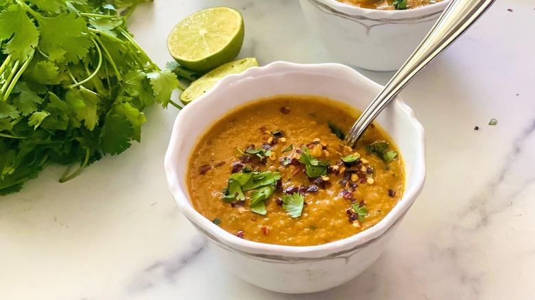 squash soup in white bowl