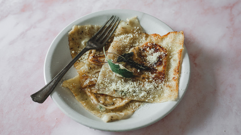 ravioli on plate with sage