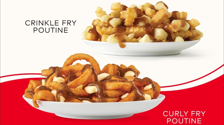 Crinkle fry poutine and curly fry poutine