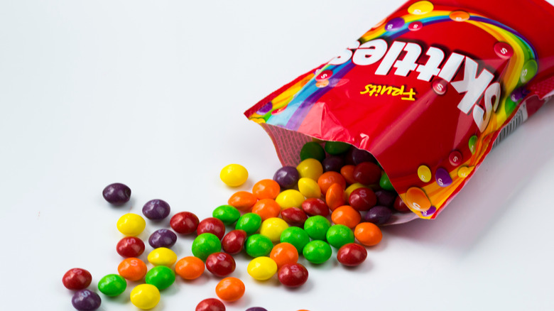 An open bag of Skittles