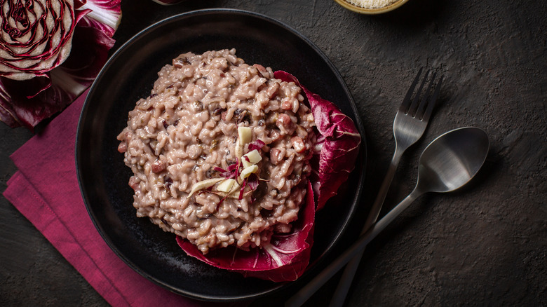 bowl of risotto with red radicchio