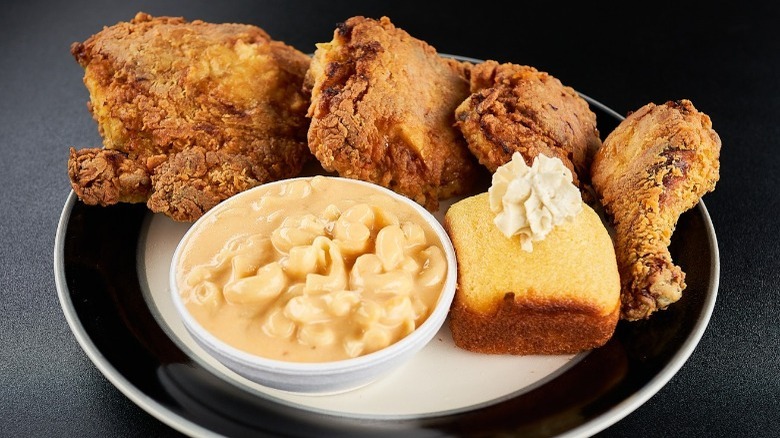 oven fried chicken with mac-n-cheese and biscuit