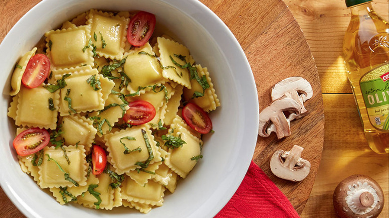 Bowl of Priano cheese ravioli with tomatoes