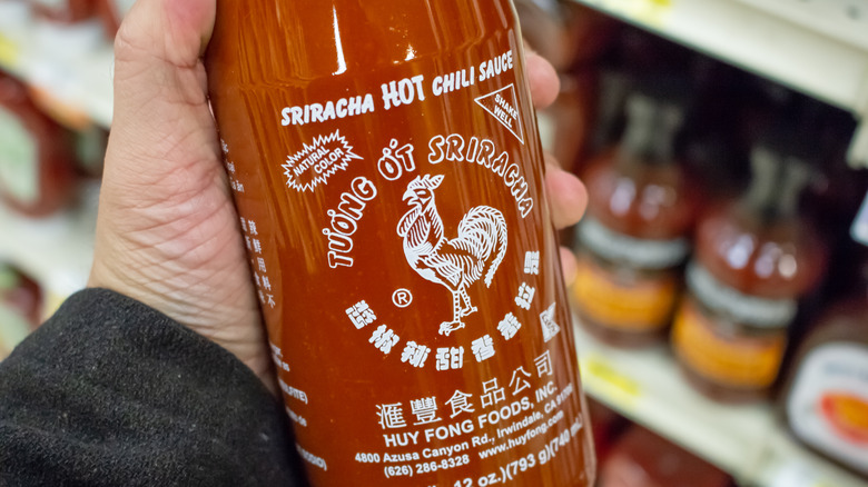 Person holding a bottle of Huy Fong Sriracha sauce