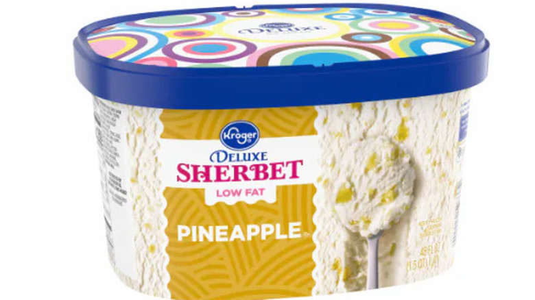 Carton of Kroger pineapple sherbet 