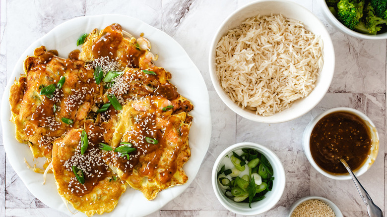 egg foo young with rice and spring onions