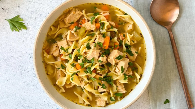 A bowl of turkey soup with pasta