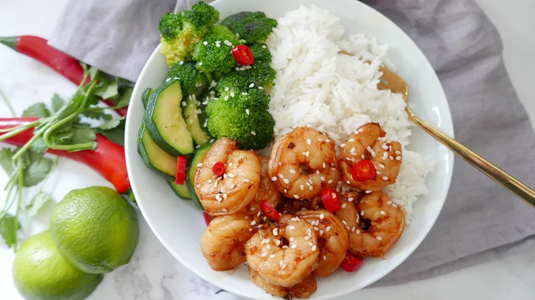 Bowl of rice, shrimp, and vegetables