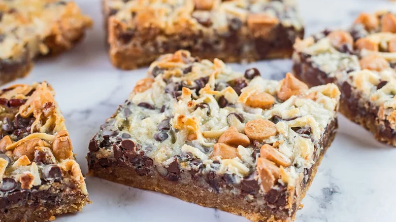 Bar cookies with chocolate, coconut, and butterscotch chips.