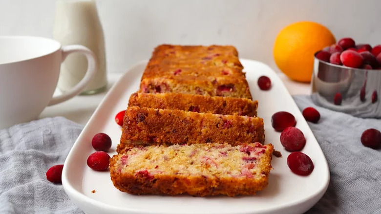 Sliced loaf of cranberry quick bread