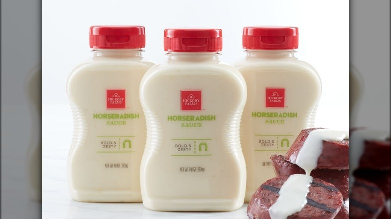 Several bottles of hickory farms horseradish sauce