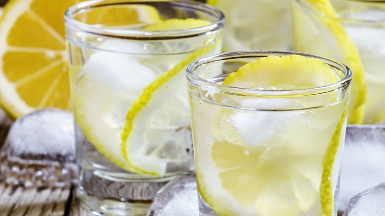 Lemon vodka glasses with ice